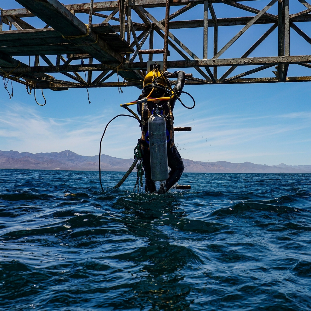Diver accessing a maritime structure from sea level