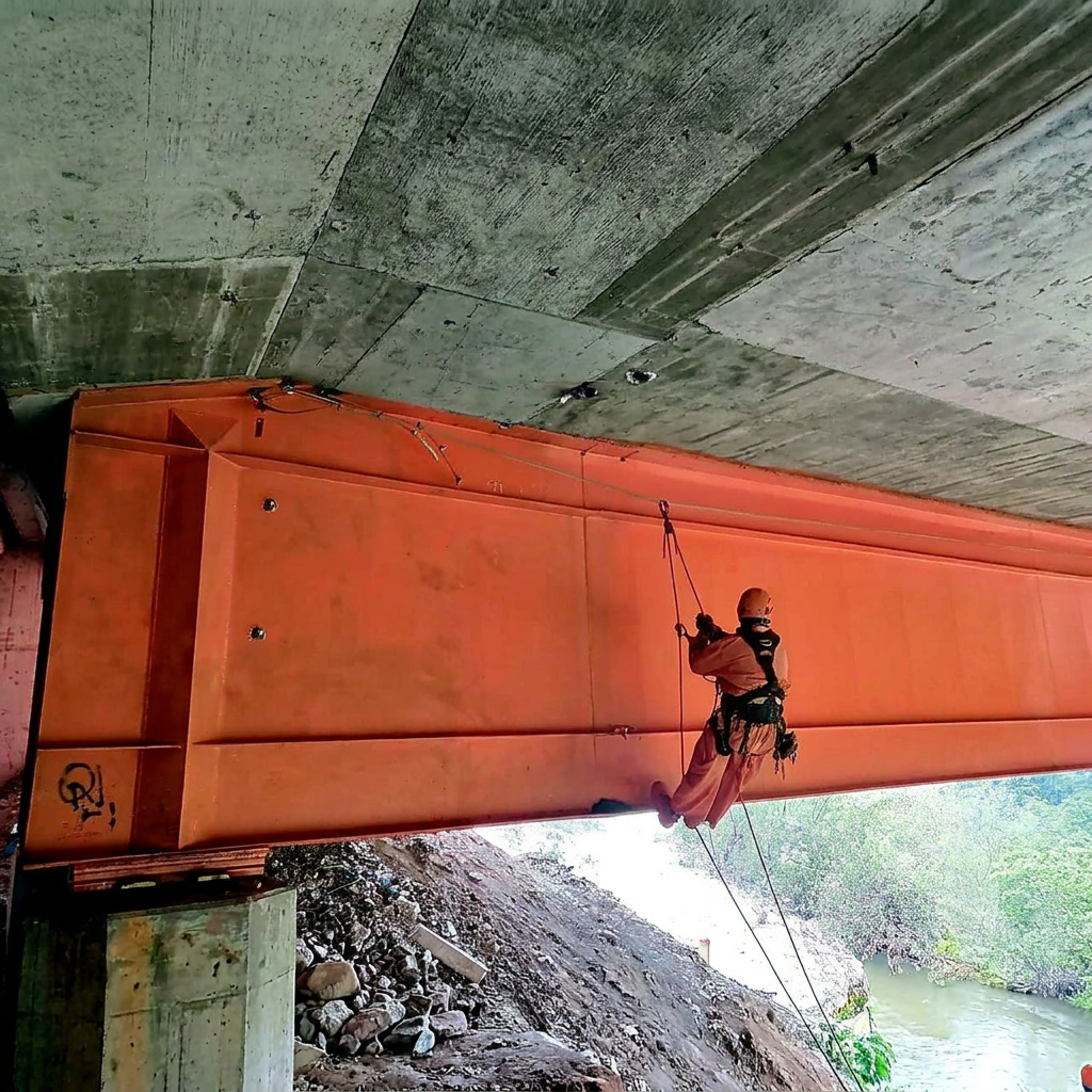 Rope access technician working under a bridge structure