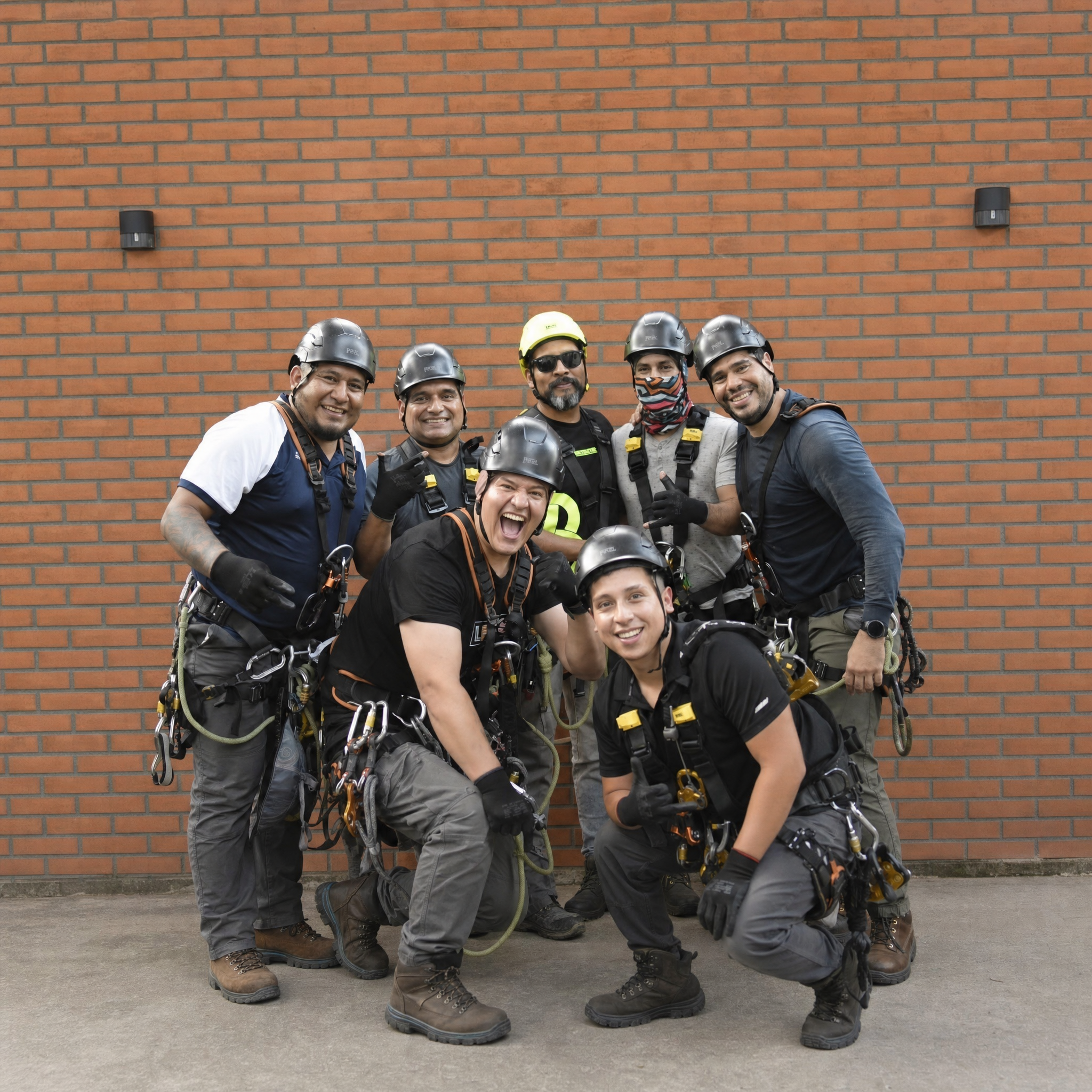 Rope access team with harnesses and equipment